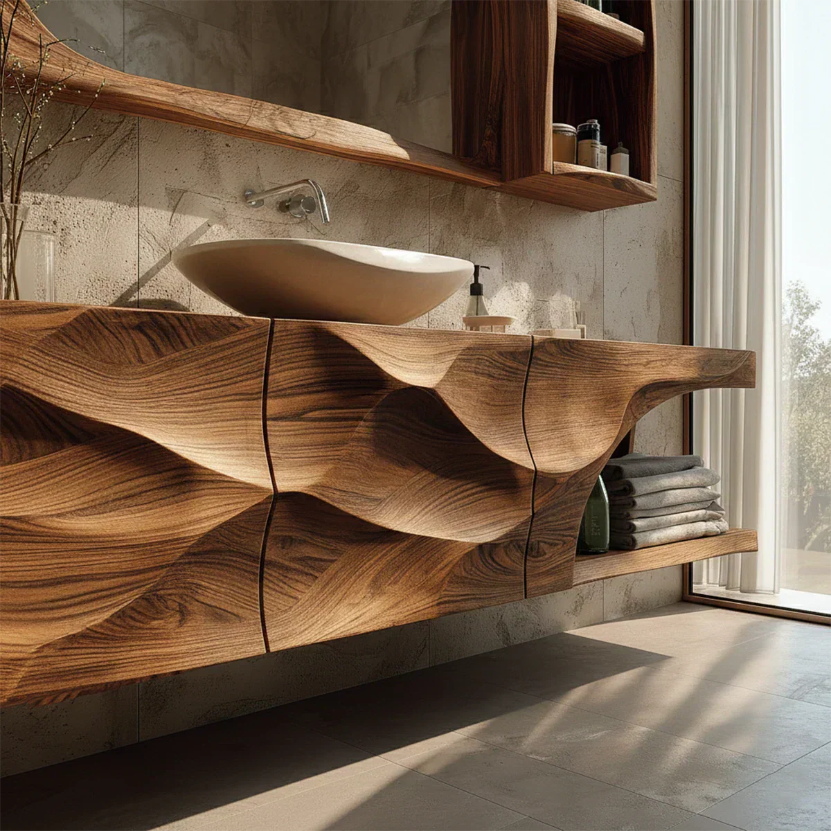 Floating Solid Wood Bathroom Vanity – Hand-Carved Natural Wood Storage Cabinet - Elitegemse