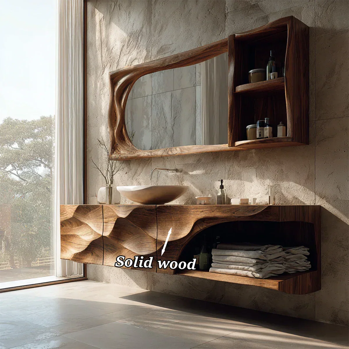 Floating Solid Wood Bathroom Vanity – Hand-Carved Natural Wood Storage Cabinet - Elitegemse