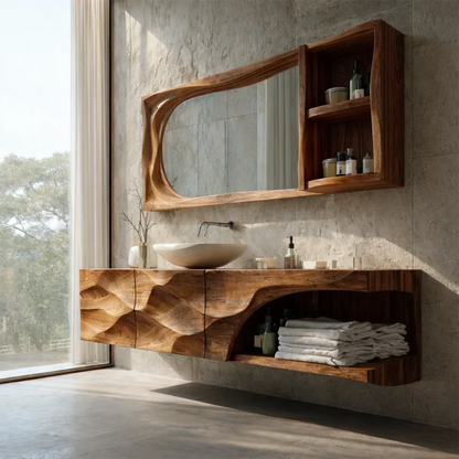 Floating Solid Wood Bathroom Vanity – Hand-Carved Natural Wood Storage Cabinet - Elitegemse