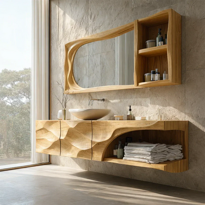 Floating Solid Wood Bathroom Vanity – Hand-Carved Natural Wood Storage Cabinet - Elitegemse