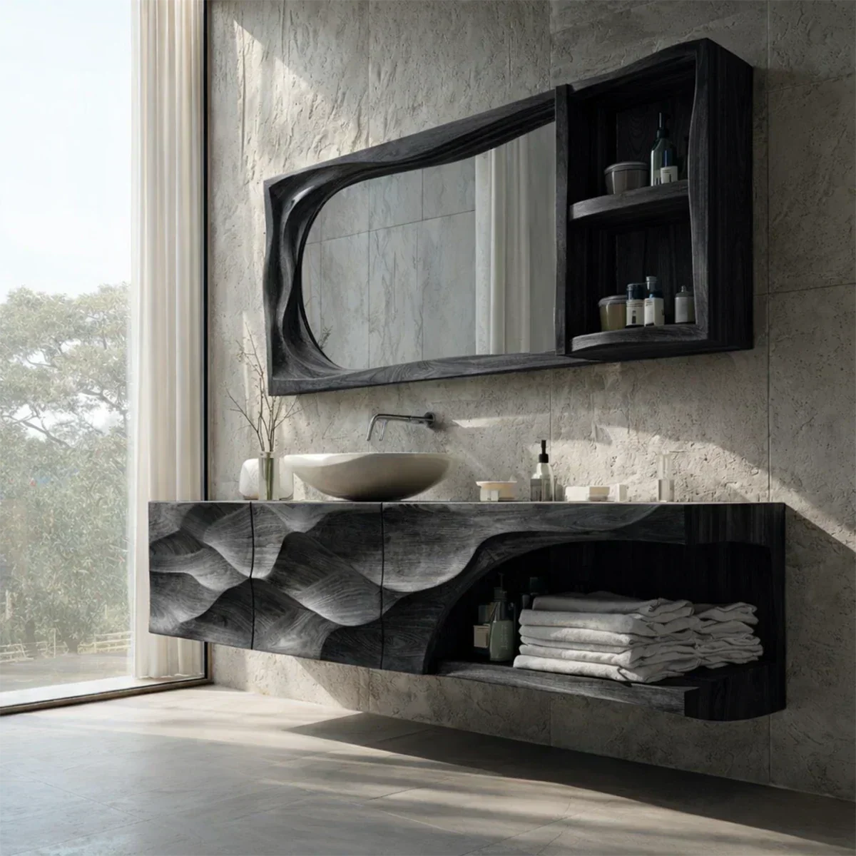 Floating Solid Wood Bathroom Vanity – Hand-Carved Natural Wood Storage Cabinet - Elitegemse