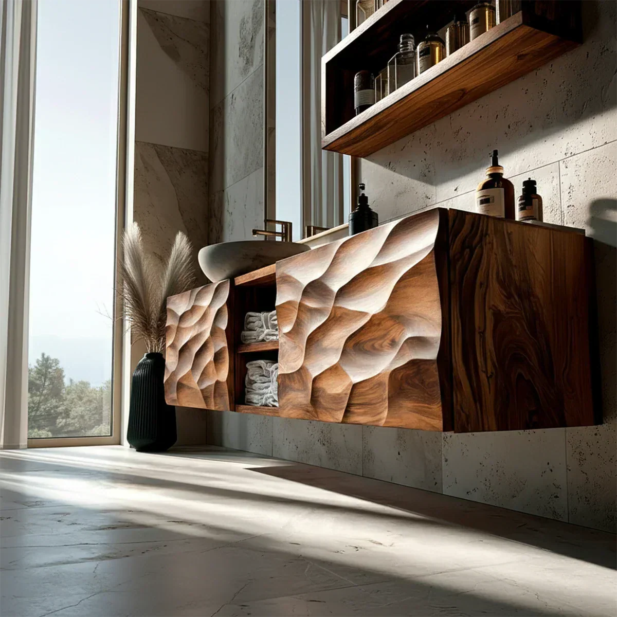 Floating Solid Wood Bathroom Vanity – Hand Carved Sculptural Front Cabinet - Elitegemse
