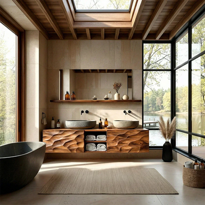 Floating Solid Wood Bathroom Vanity – Hand Carved Sculptural Front Cabinet - Elitegemse
