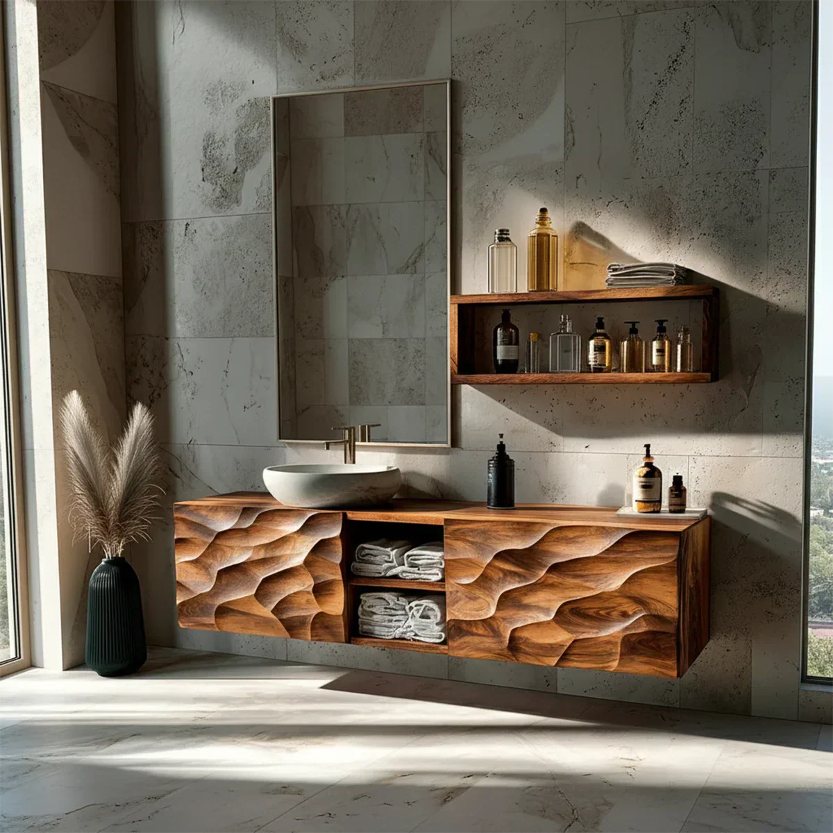 Floating Solid Wood Bathroom Vanity – Hand Carved Sculptural Front Cabinet - Elitegemse