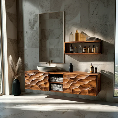 Floating Solid Wood Bathroom Vanity – Hand Carved Sculptural Front Cabinet - Elitegemse