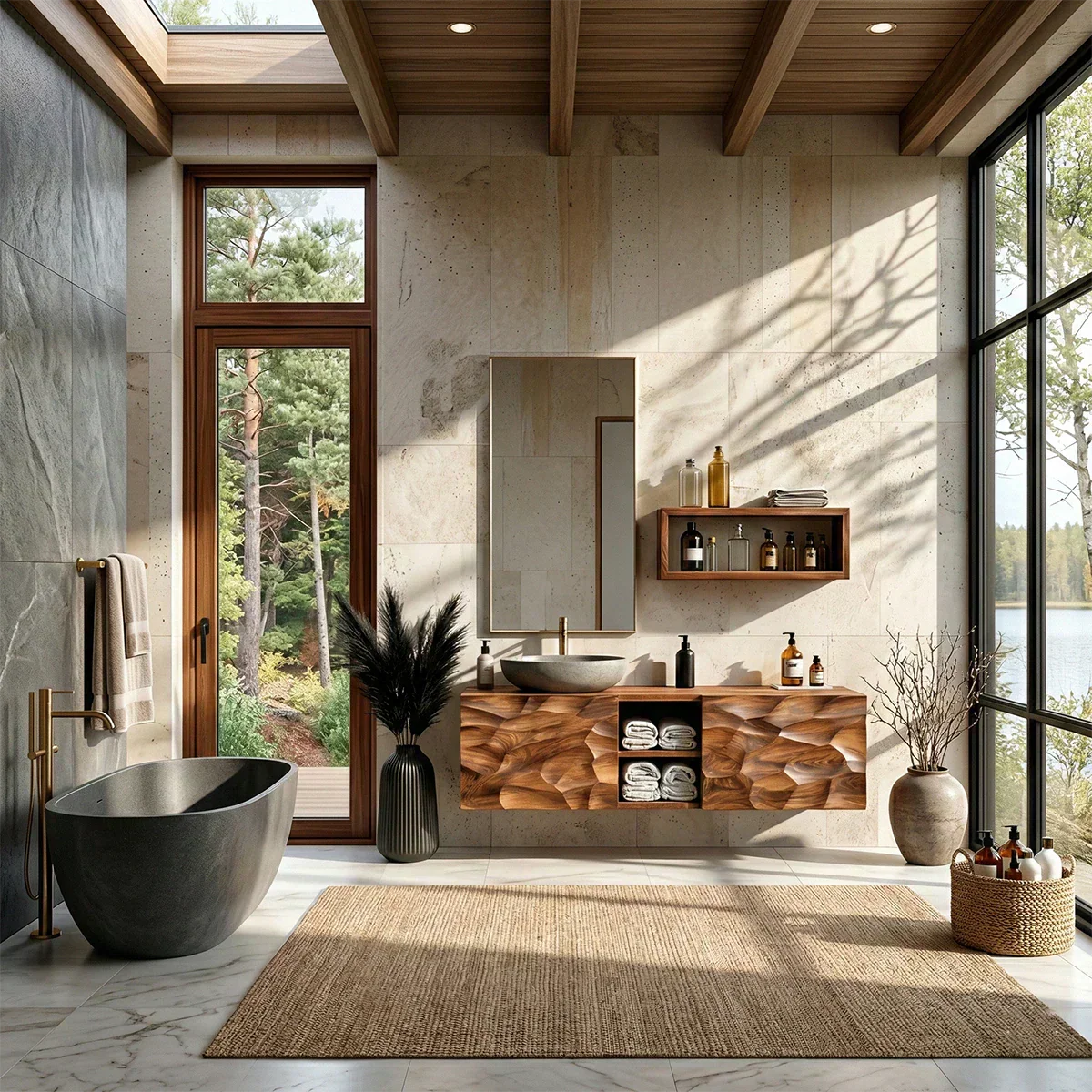 Floating Solid Wood Bathroom Vanity – Hand Carved Sculptural Front Cabinet - Elitegemse