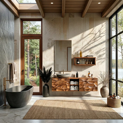 Floating Solid Wood Bathroom Vanity – Hand Carved Sculptural Front Cabinet - Elitegemse