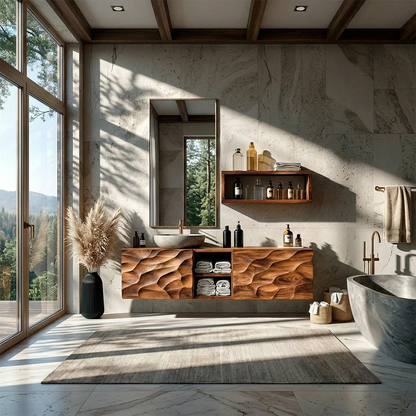 Floating Solid Wood Bathroom Vanity – Hand Carved Sculptural Front Cabinet - Elitegemse