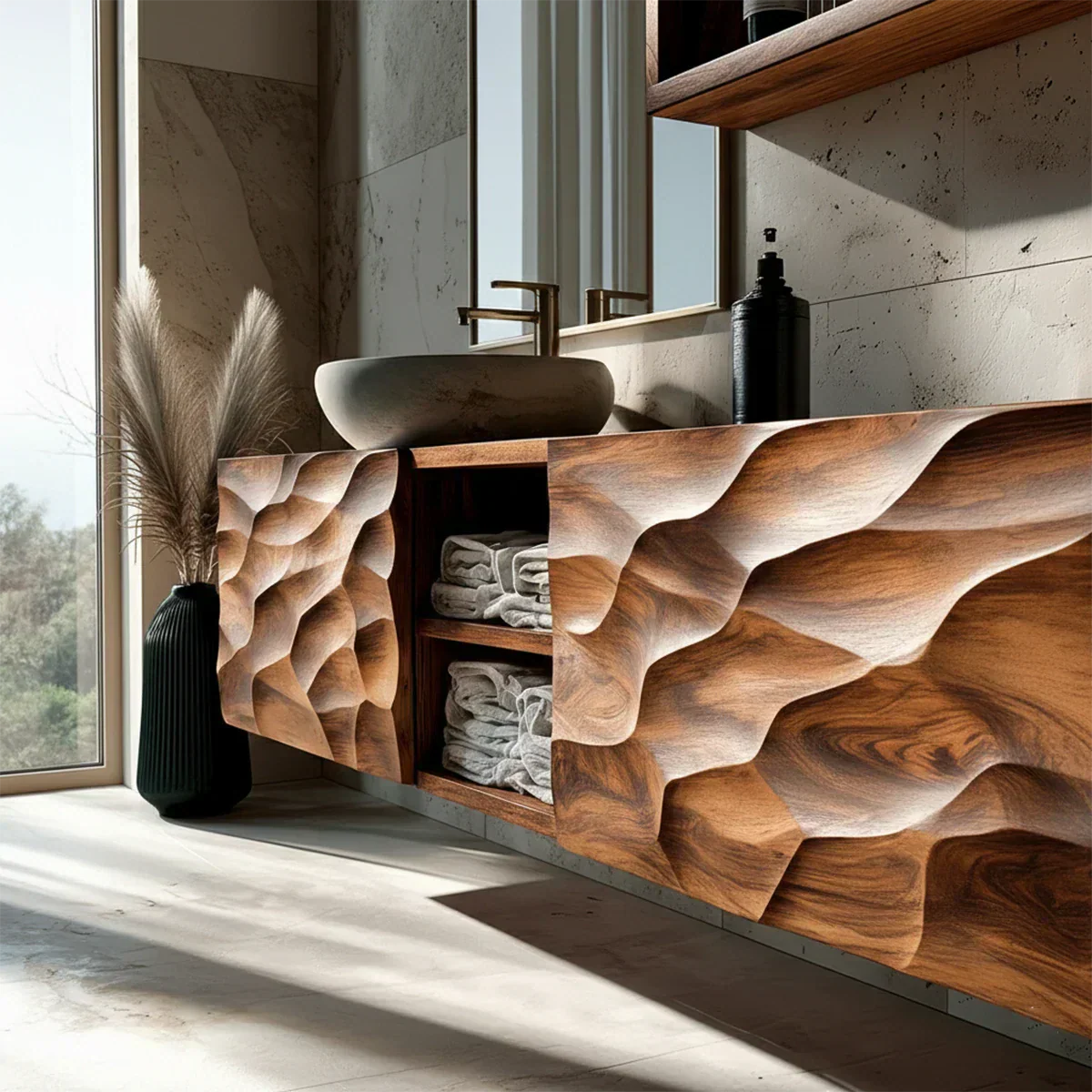 Floating Solid Wood Bathroom Vanity – Hand Carved Sculptural Front Cabinet - Elitegemse