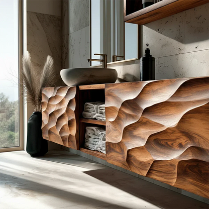 Floating Solid Wood Bathroom Vanity – Hand Carved Sculptural Front Cabinet - Elitegemse