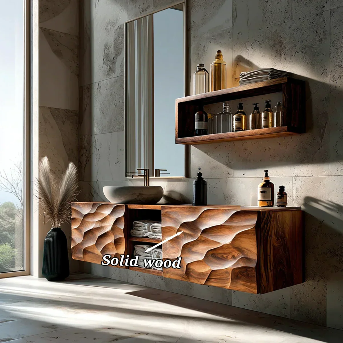 Floating Solid Wood Bathroom Vanity – Hand Carved Sculptural Front Cabinet - Elitegemse