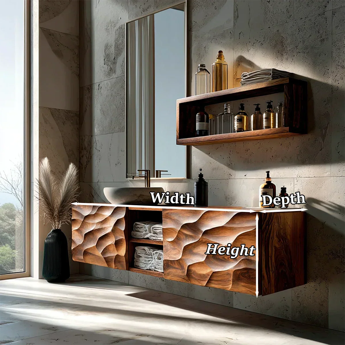 Floating Solid Wood Bathroom Vanity – Hand Carved Sculptural Front Cabinet - Elitegemse