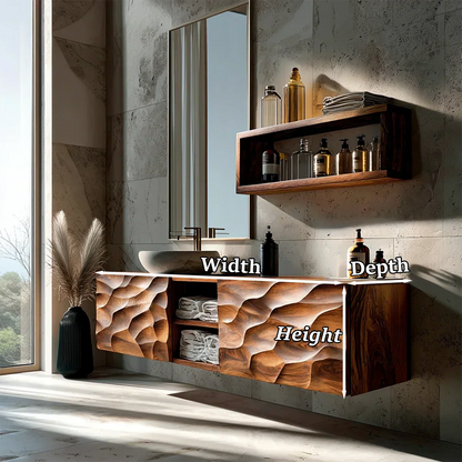 Floating Solid Wood Bathroom Vanity – Hand Carved Sculptural Front Cabinet - Elitegemse