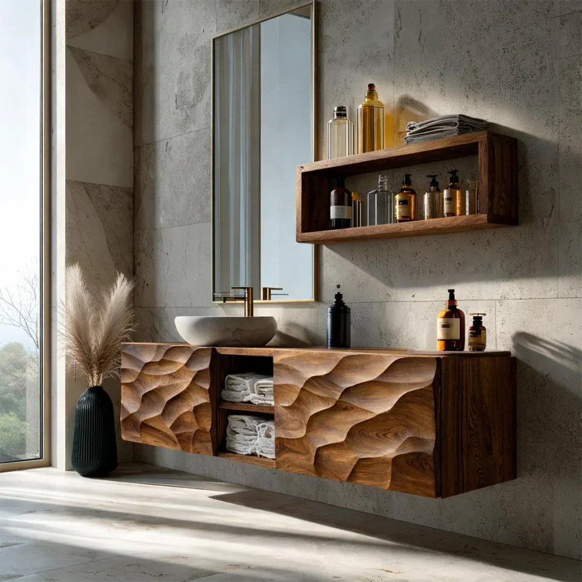 Floating Solid Wood Bathroom Vanity – Hand Carved Sculptural Front Cabinet - Elitegemse