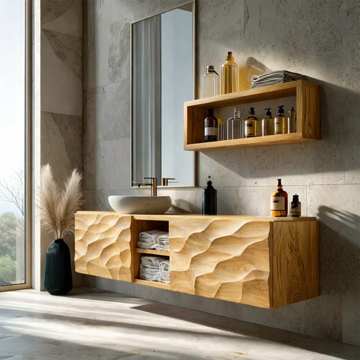 Floating Solid Wood Bathroom Vanity – Hand Carved Sculptural Front Cabinet - Elitegemse