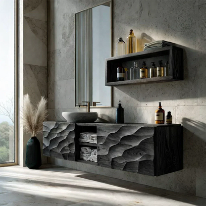 Floating Solid Wood Bathroom Vanity – Hand Carved Sculptural Front Cabinet - Elitegemse