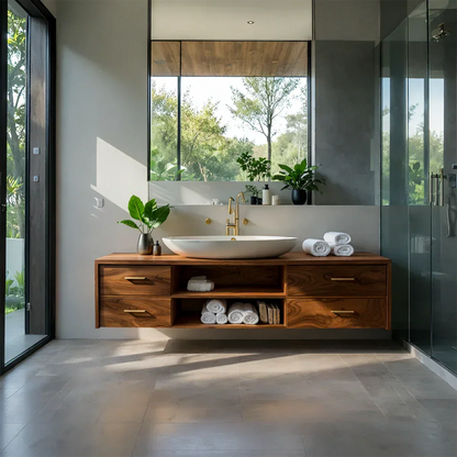 Floating Solid Wood Bathroom Vanity – Modern Vanity with Drawers and Open Shelf - Elitegemse