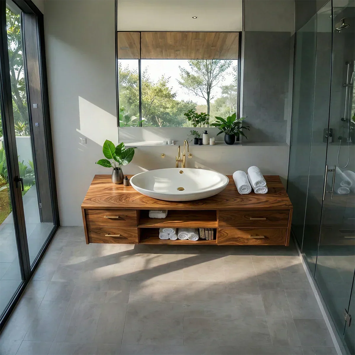 Floating Solid Wood Bathroom Vanity – Modern Vanity with Drawers and Open Shelf - Elitegemse