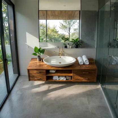 Floating Solid Wood Bathroom Vanity – Modern Vanity with Drawers and Open Shelf - Elitegemse
