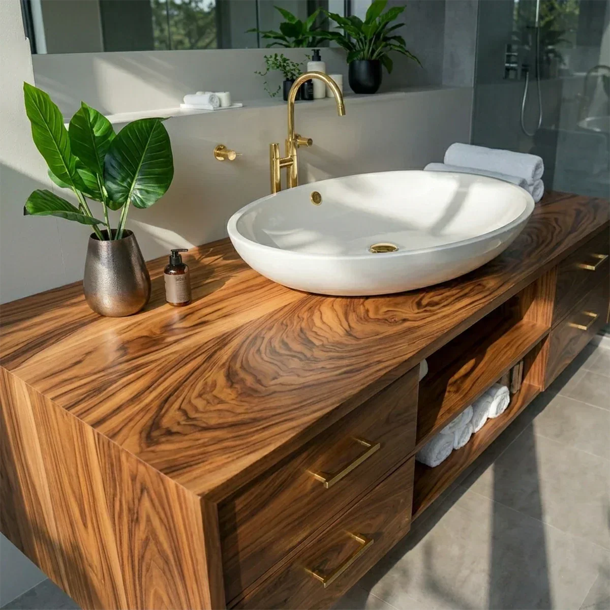 Floating Solid Wood Bathroom Vanity – Modern Vanity with Drawers and Open Shelf - Elitegemse