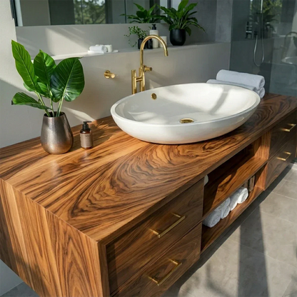 Floating Solid Wood Bathroom Vanity – Modern Vanity with Drawers and Open Shelf - Elitegemse