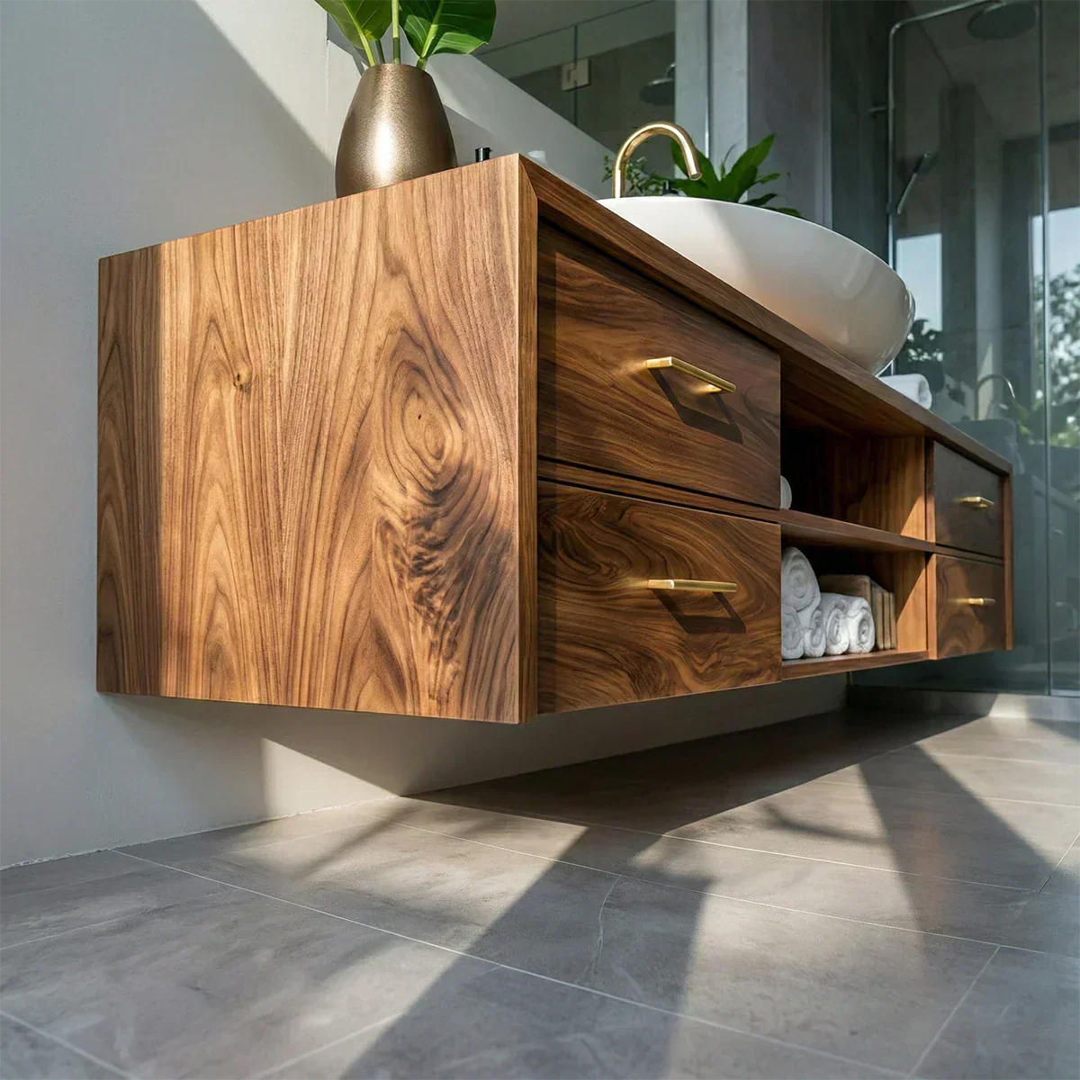 Floating Solid Wood Bathroom Vanity – Modern Vanity with Drawers and Open Shelf - Elitegemse