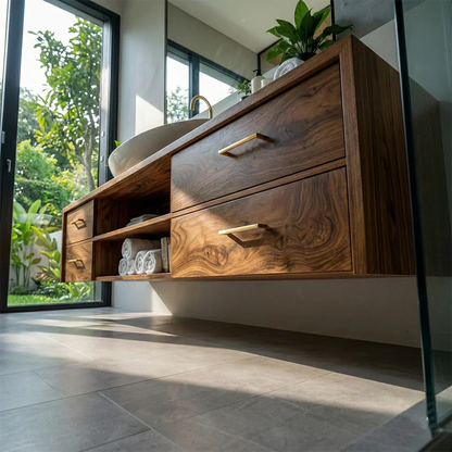 Floating Solid Wood Bathroom Vanity – Modern Vanity with Drawers and Open Shelf - Elitegemse