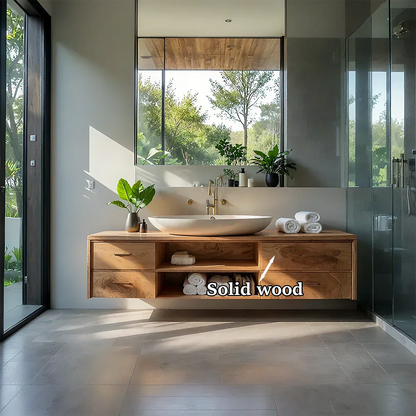 Floating Solid Wood Bathroom Vanity – Modern Vanity with Drawers and Open Shelf - Elitegemse