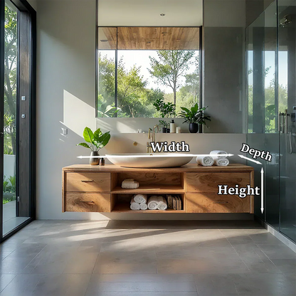 Floating Solid Wood Bathroom Vanity – Modern Vanity with Drawers and Open Shelf - Elitegemse