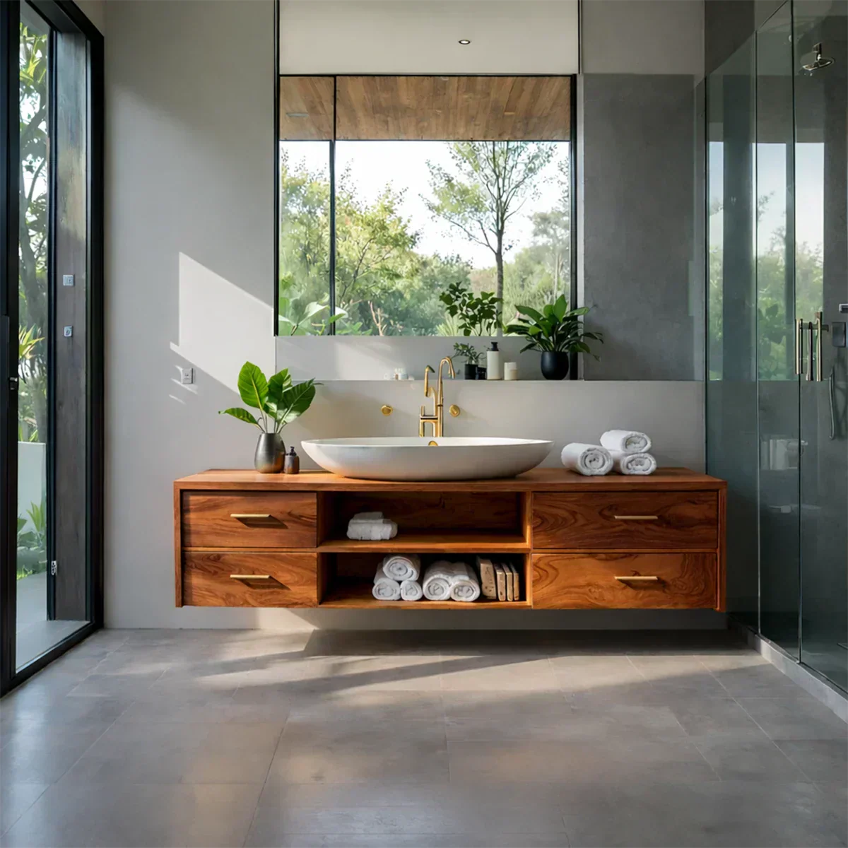 Floating Solid Wood Bathroom Vanity – Modern Vanity with Drawers and Open Shelf - Elitegemse