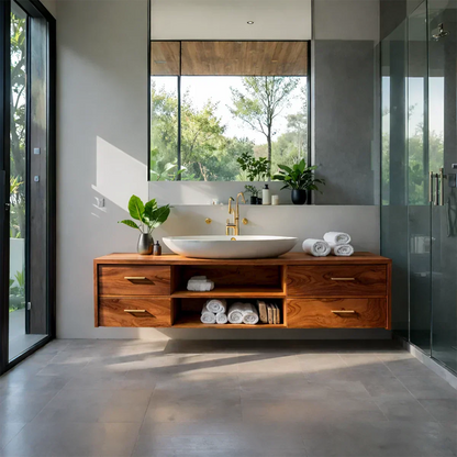 Floating Solid Wood Bathroom Vanity – Modern Vanity with Drawers and Open Shelf - Elitegemse