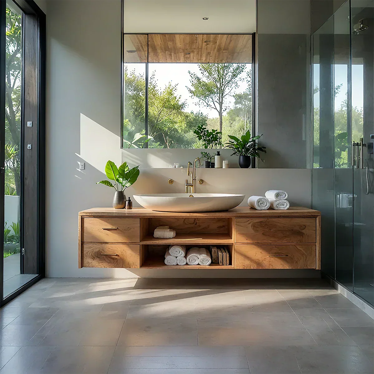 Floating Solid Wood Bathroom Vanity – Modern Vanity with Drawers and Open Shelf - Elitegemse