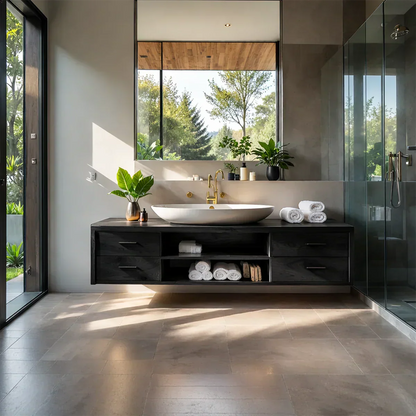 Floating Solid Wood Bathroom Vanity – Modern Vanity with Drawers and Open Shelf - Elitegemse