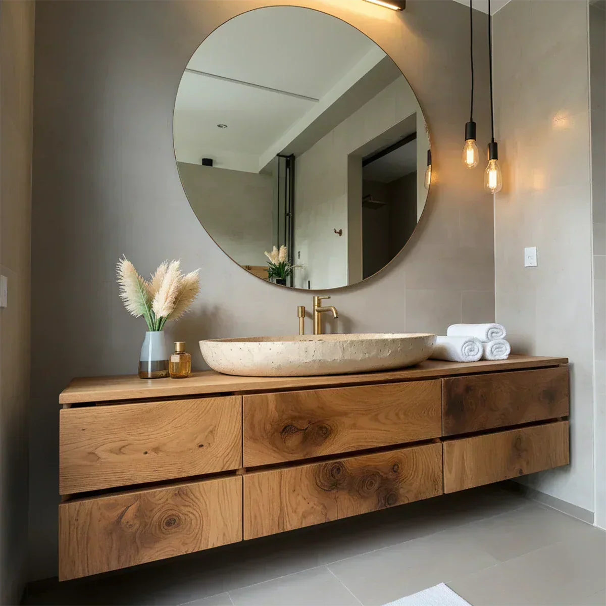 Floating Solid Wood Bathroom Vanity with Modern Storage - Elitegemse