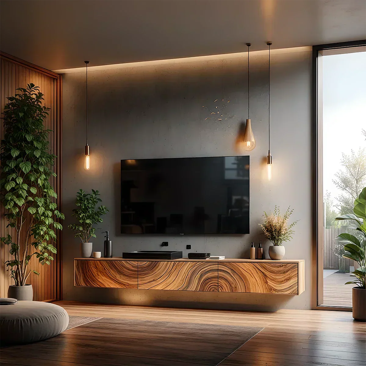 Floating Solid Wood TV Console with Artistic Grain & Soft Edge Design - Elitegemse