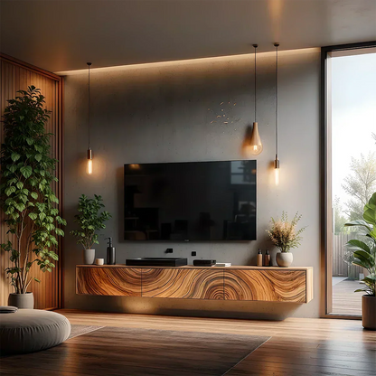 Floating Solid Wood TV Console with Artistic Grain & Soft Edge Design - Elitegemse