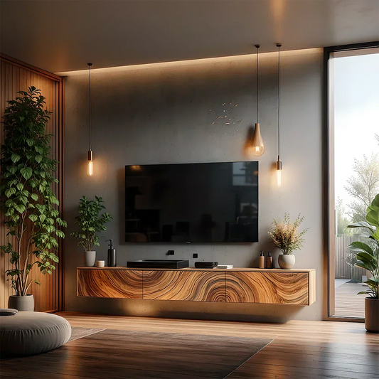 Floating Solid Wood TV Console with Artistic Grain & Soft Edge Design - Elitegemse