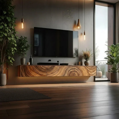 Floating Solid Wood TV Console with Artistic Grain & Soft Edge Design - Elitegemse