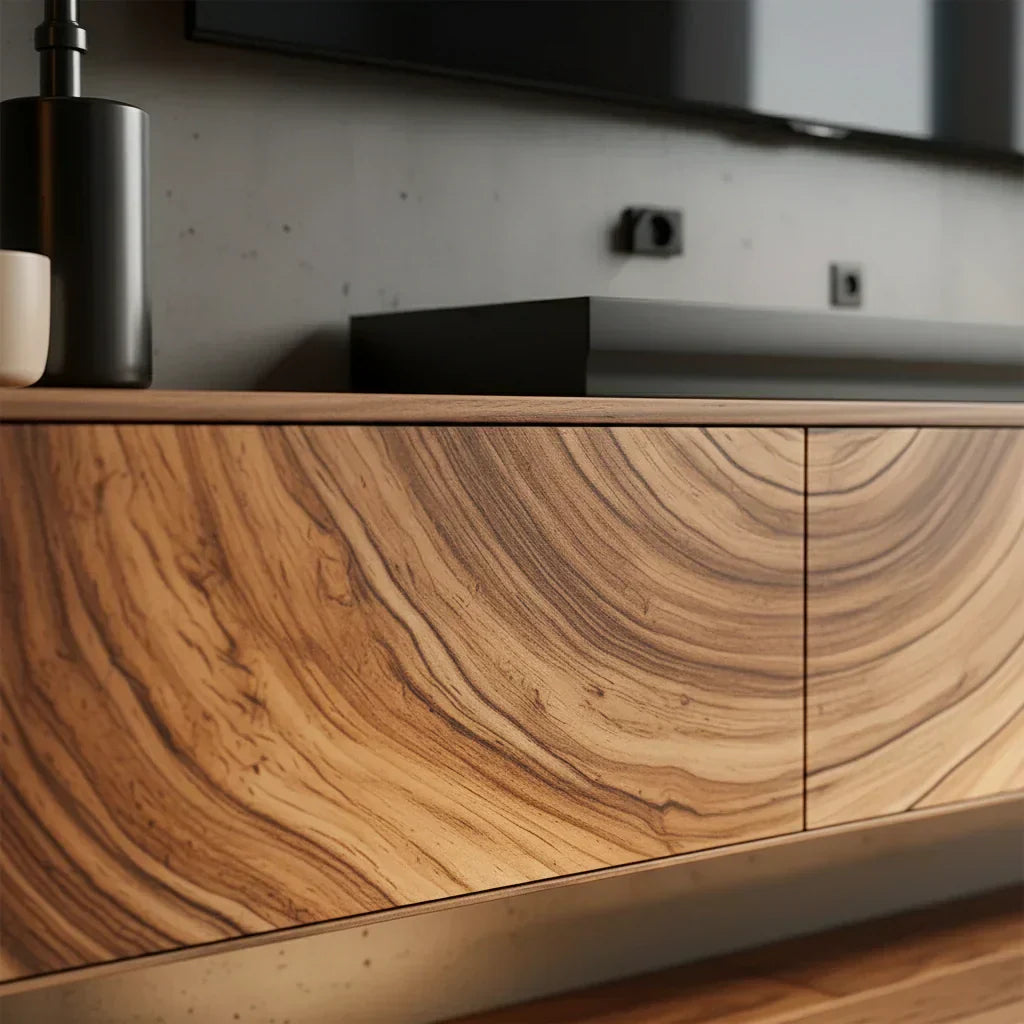 Floating Solid Wood TV Console with Artistic Grain & Soft Edge Design - Elitegemse
