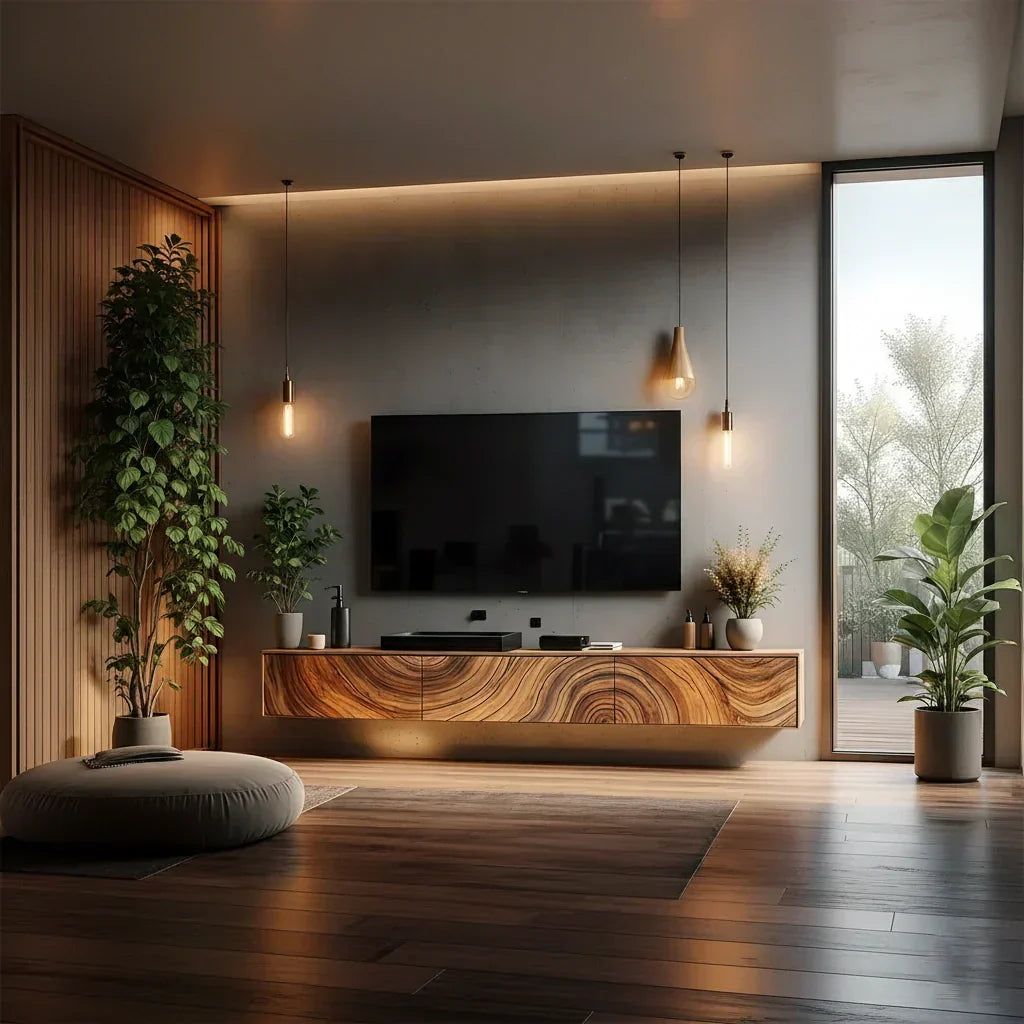 Floating Solid Wood TV Console with Artistic Grain & Soft Edge Design - Elitegemse
