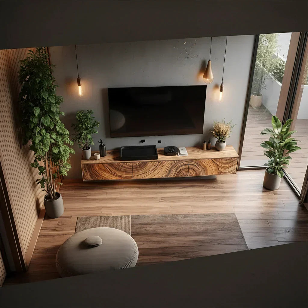 Floating Solid Wood TV Console with Artistic Grain & Soft Edge Design - Elitegemse