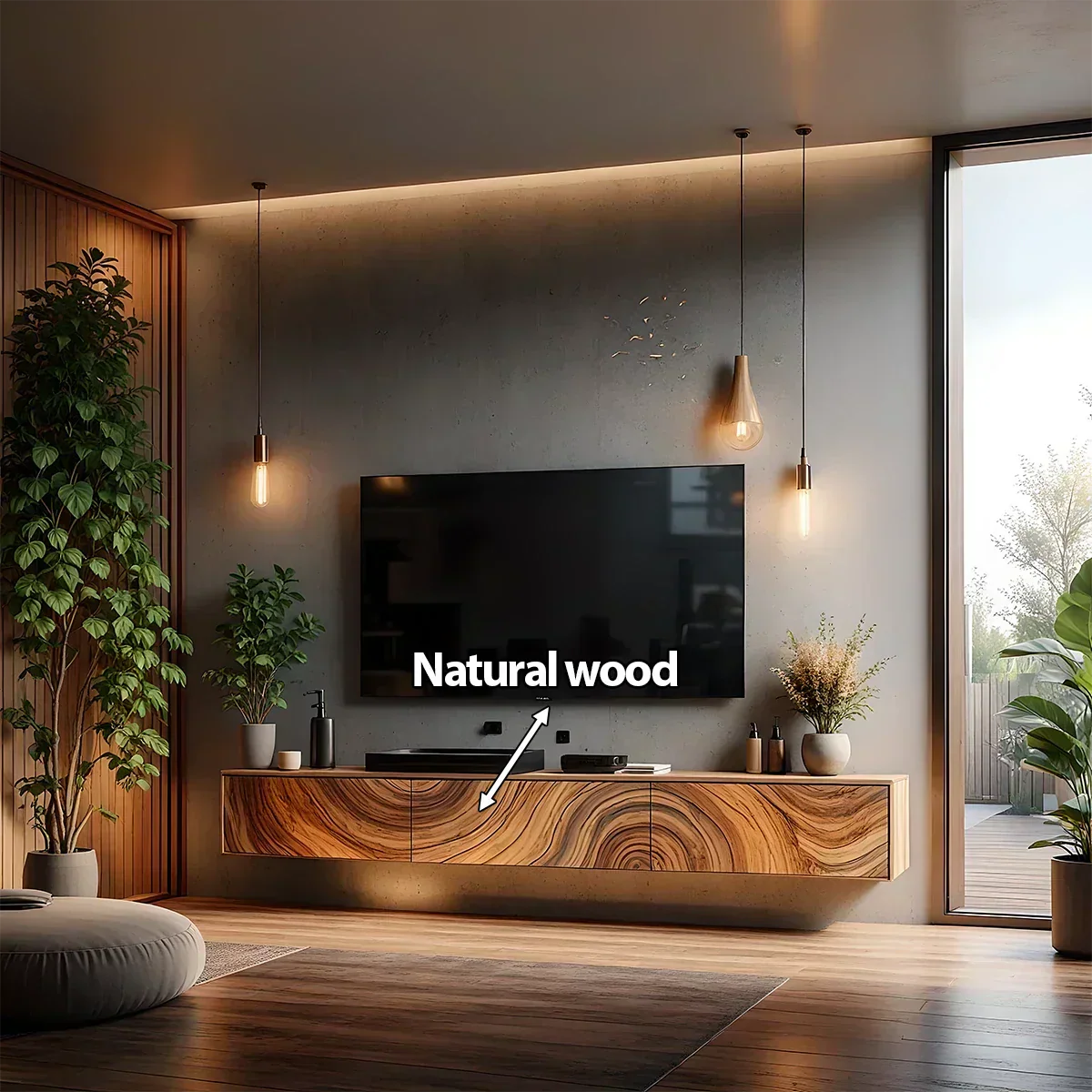 Floating Solid Wood TV Console with Artistic Grain & Soft Edge Design - Elitegemse