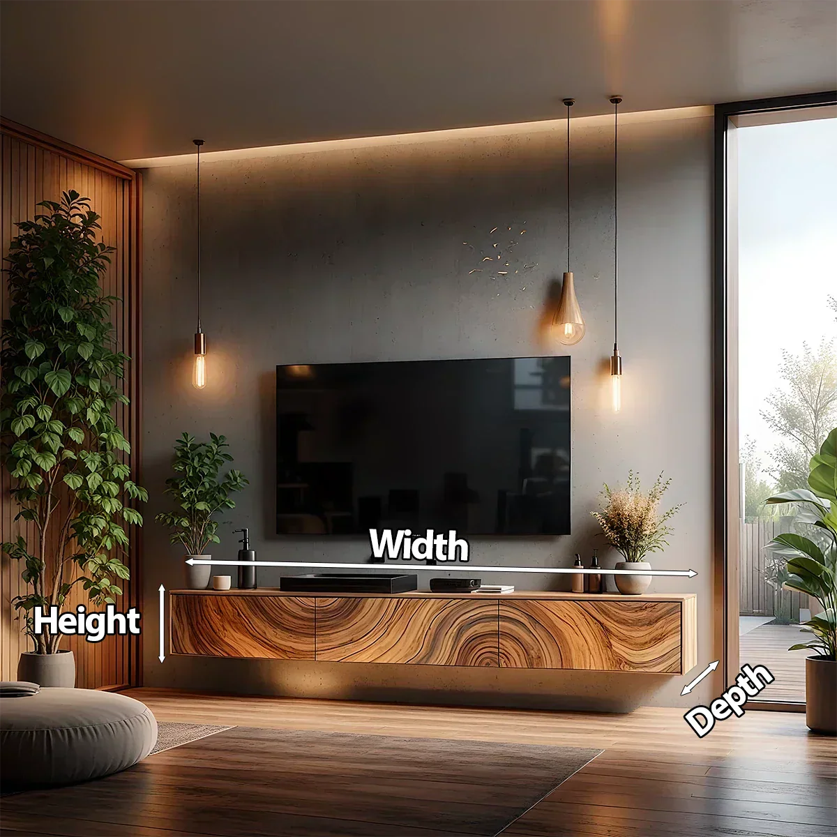 Floating Solid Wood TV Console with Artistic Grain & Soft Edge Design - Elitegemse