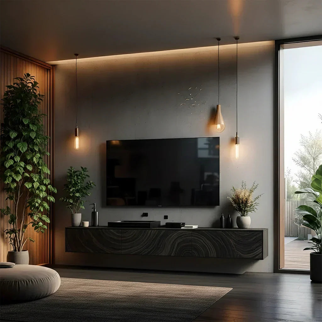 Floating Solid Wood TV Console with Artistic Grain & Soft Edge Design - Elitegemse