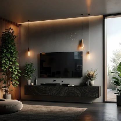 Floating Solid Wood TV Console with Artistic Grain & Soft Edge Design - Elitegemse