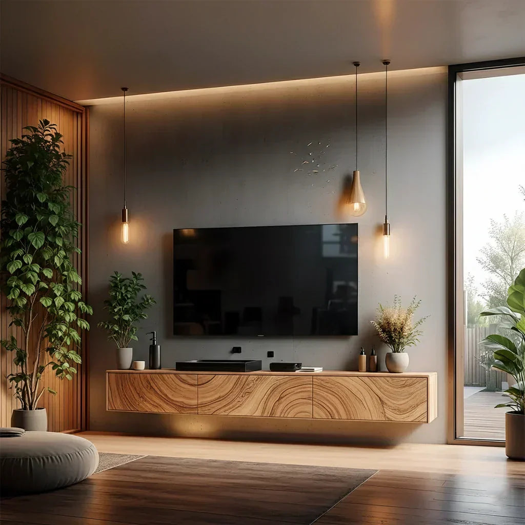 Floating Solid Wood TV Console with Artistic Grain & Soft Edge Design - Elitegemse