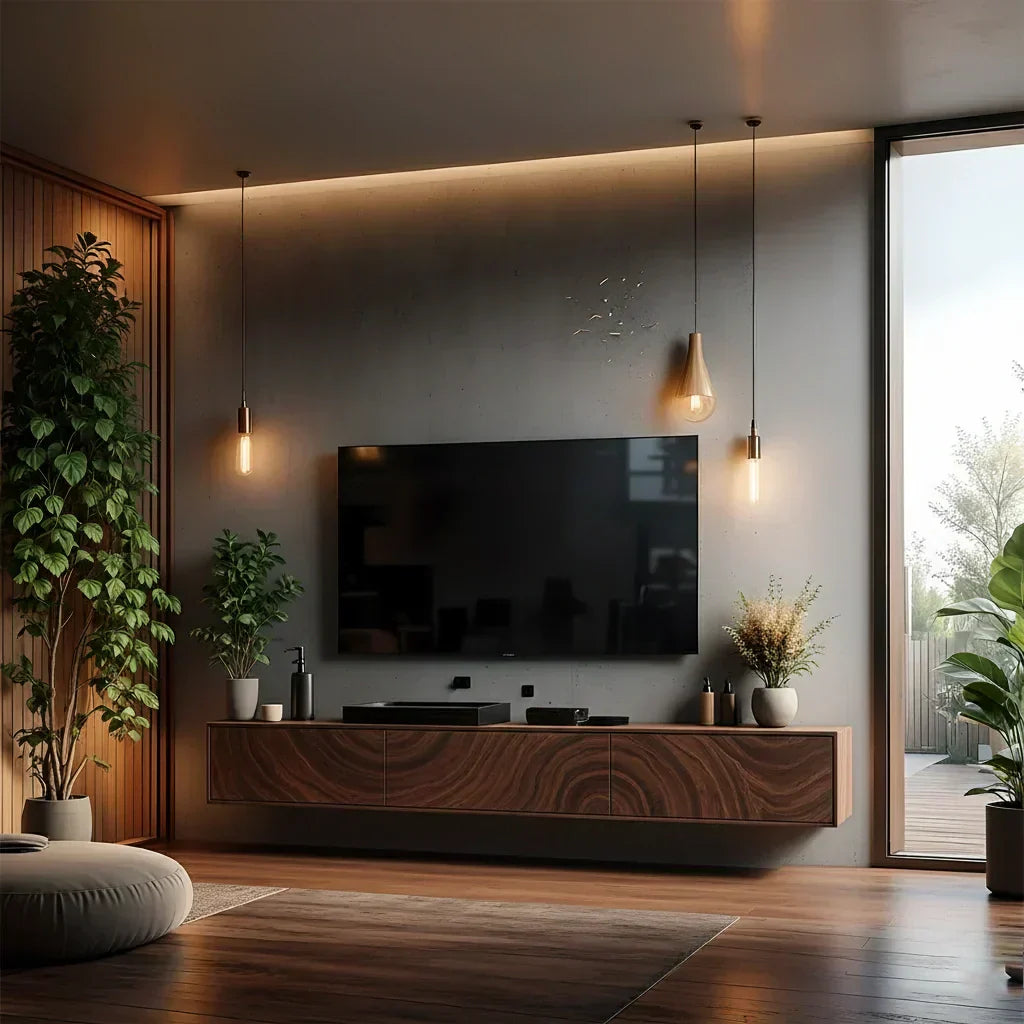 Floating Solid Wood TV Console with Artistic Grain & Soft Edge Design - Elitegemse