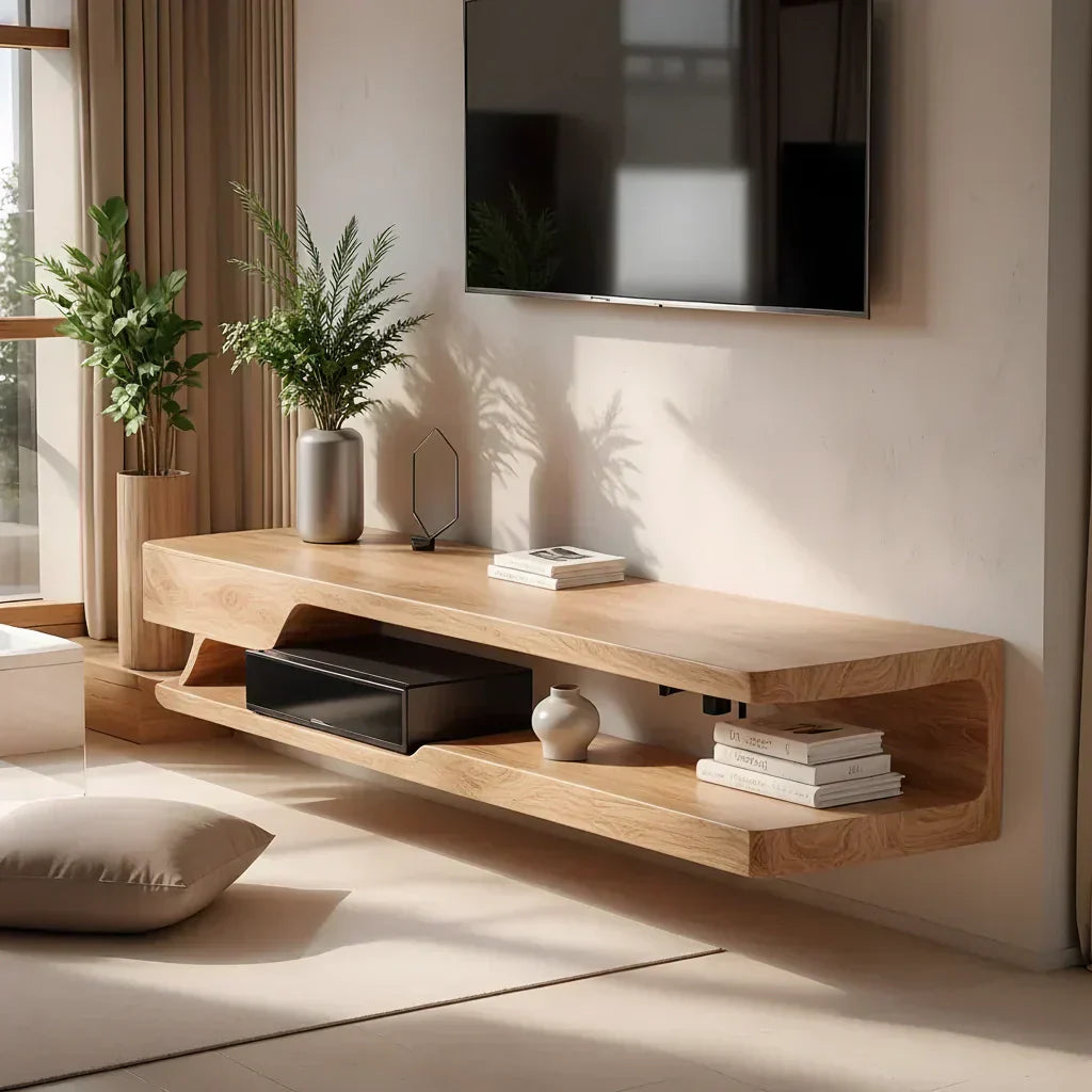 Floating Solid Wood TV Stand – Minimal Organic Modern Wall-Mounted Console - Rustirawood