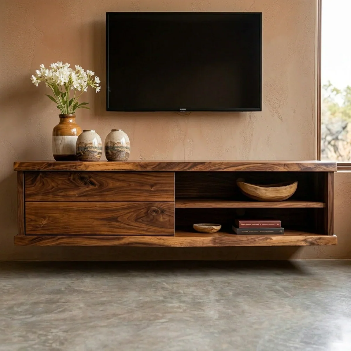 Floating Solid Wood TV Stand with Dual Shelf Storage and Clean Modern Form - Elitegemse