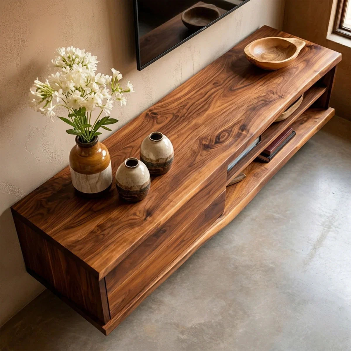 Floating Solid Wood TV Stand with Dual Shelf Storage and Clean Modern Form - Elitegemse